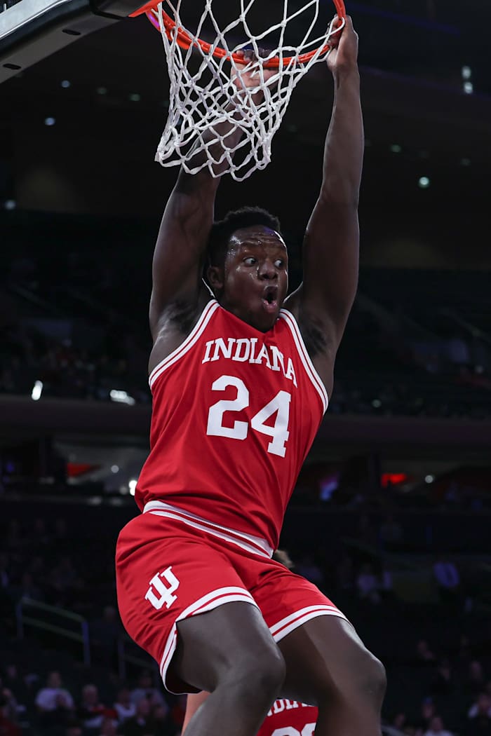 Indiana Hoosiers forward Payton Sparks (24) reacts after a dunk against the Louisville Cardinals during the second half at Madison Square Garden. 